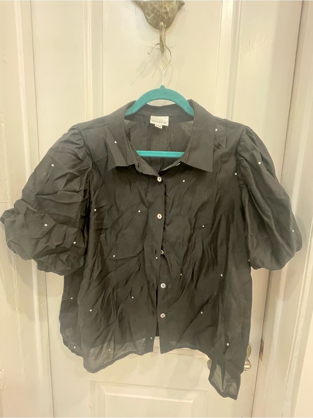 Chiffon Puff-Sleeve Button-Down Top with Embellishments - Black